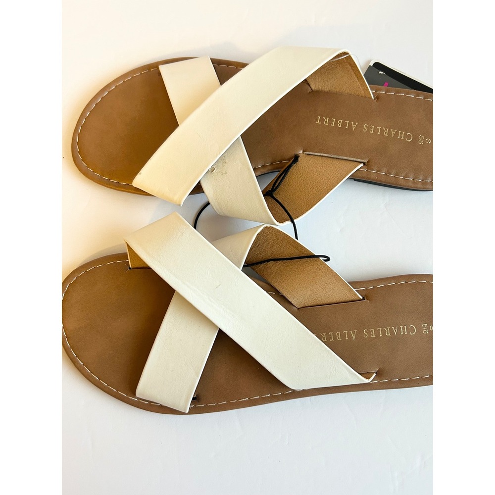 Charles Albert Womens Cross Strap Slide Sandals White Tan Flat Size S 5/6 NEW - Picture 4 of 6
